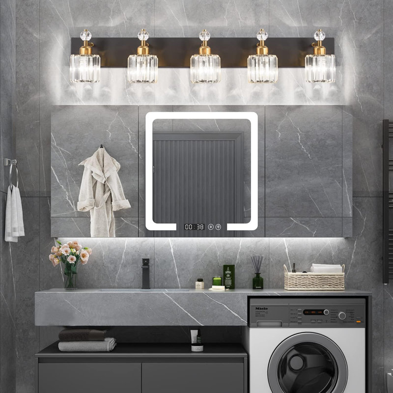 Luminaire de meuble-lavabo moderne en cristal pour salle de bain - Finition de miroir mural 5 lumières avec cristal K9 et conception imperméable