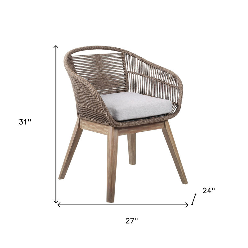 27" Grey and Natural Wood Solid Wood Outdoor Dining Chair with Grey Cushion