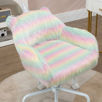 Fauteuil de bureau HOMcom Fluffy Unicorn avec dossier moyen et accoudoirs, base pivotante 5 étoiles, arc-en-ciel