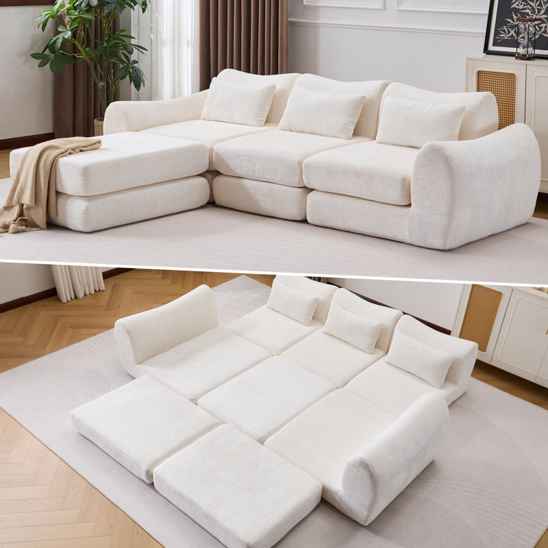 Canapé-lit convertible rembourré 104,72 po avec 3 coussins, canapé amovible, canapé-lit de plancher, canapé-lit modulaire modulaire en chenille moelleux, lits désossés pour le salon, sans assemblage