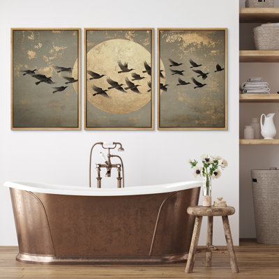 Oie sauvage volant devant le soleil, ensemble de 3 reproductions d'art sur toile encadrées