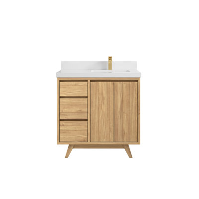 36 In. W X 22 In. D Madison Teak Bathroom Vanity Right Offset Sink In Light Natural With 2 In Calacatta Nuvo Quartz -  Willow Collections, MDS_TK_LNT_WHQZ_36R