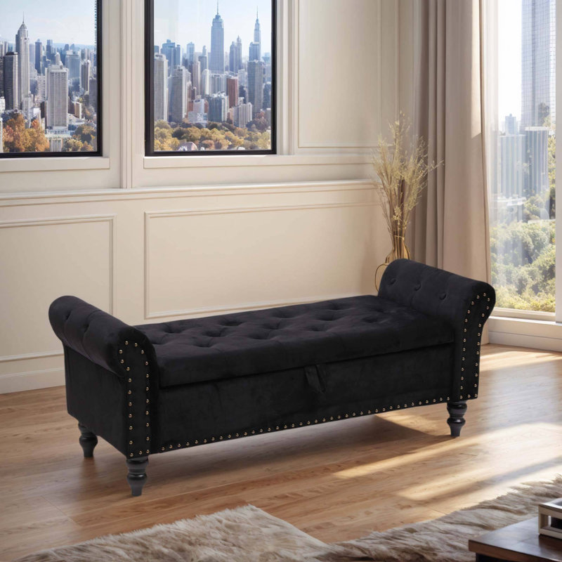 Banc de rangement en tissu, Velours, Noir