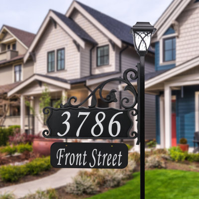 Double-Sided Reflective Boardwalk Lawn Address Sign With Name Rider And LED Solar Light on 58" Pole