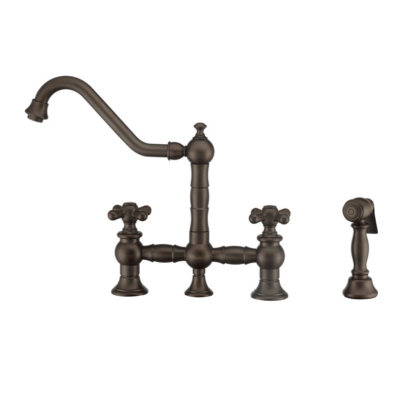 Whitehaus Collection Bridge Faucet with Long Traditional Swivel Spout Lever Handles and Solid Side Spray, Oil Rubbed Bronze