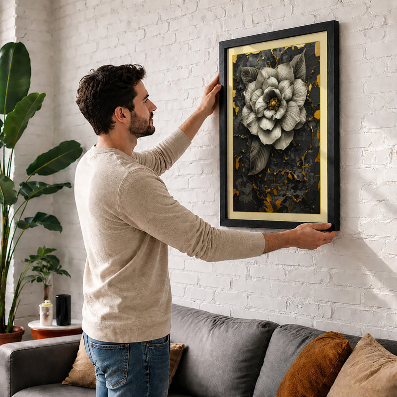 Peony in Gold Botanical - Framed Print, A1 - 84.1 x 59.4 cm, Black