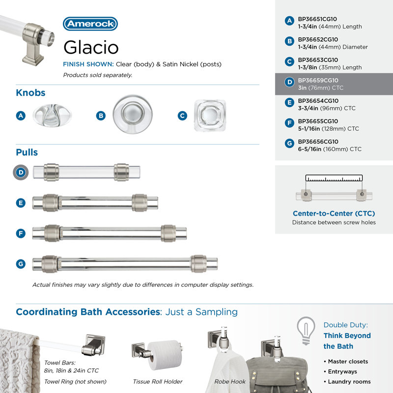 Amerock Glacio Bar Pull, 3", Clear/Satin Nickel