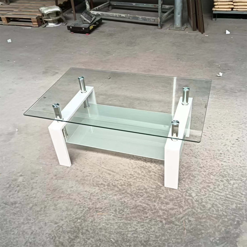 Table basse en verre trempé transparent, table de salon 2 couches avec cadre en panneau de fibres à densité moyenne durable et pieds antidérapants