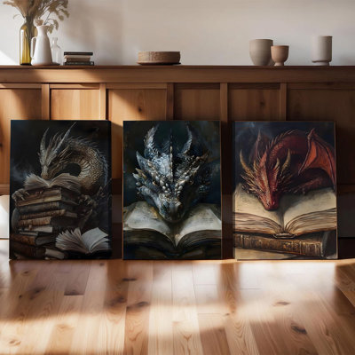 3PCS Wall Arts Posters Framed, 3 Panel Dragon Canvas Wall Art Mythical Creature Reading Book Painting Fantasy Decor for Living Room Bedroom Home Office Modern Artwork Ready to Hang