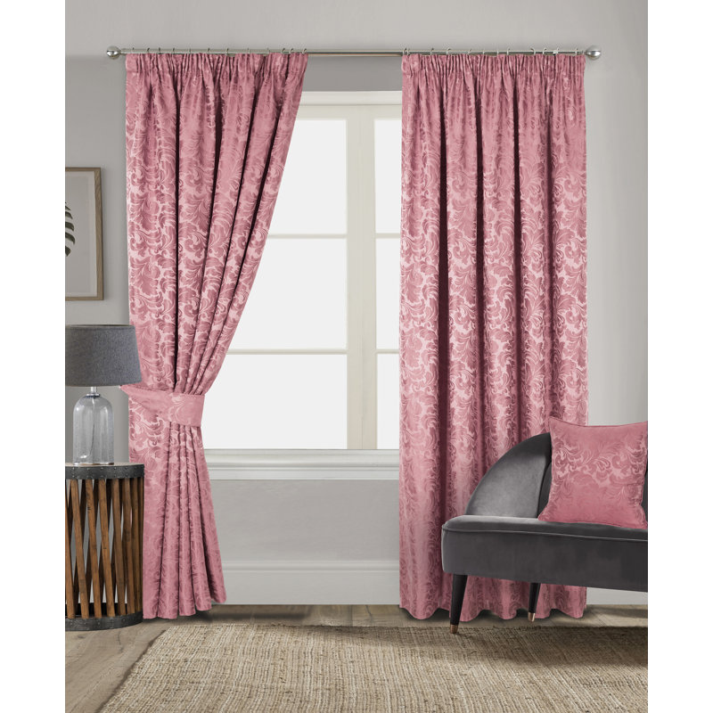Hallas Pencil Pleat Damask Jacquard Curtains, 114 W x 122 D cm, Pink