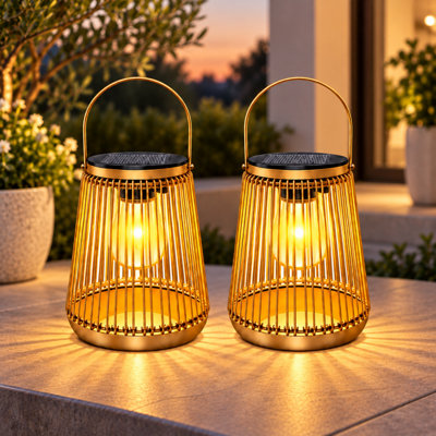 Woven Rattan Solar Outdoor Lantern, Waterproof 2700K Warm White LED Garden Light