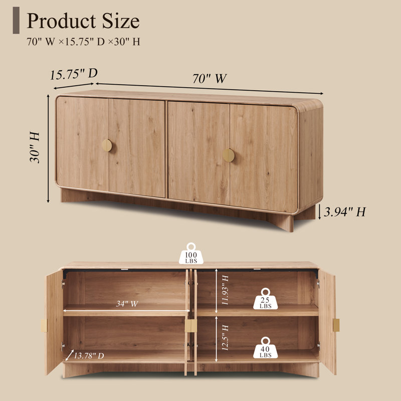 Modern Curved Sideboard, 70" Large Sideboard Storage Cabinet with 4-Door Cabinetry and Adjustable Shelves, Natural