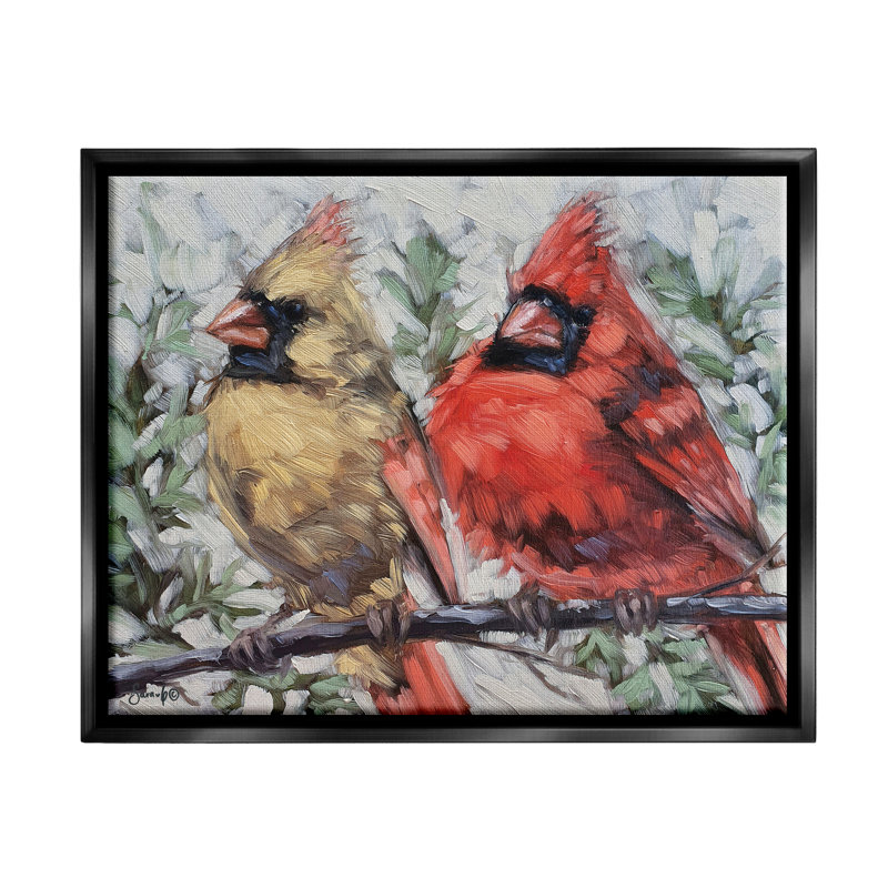 «Two Cardinals Perché Winter Trees Floater», art mural par Sara G. Designs, Cadre flottant noir de jais