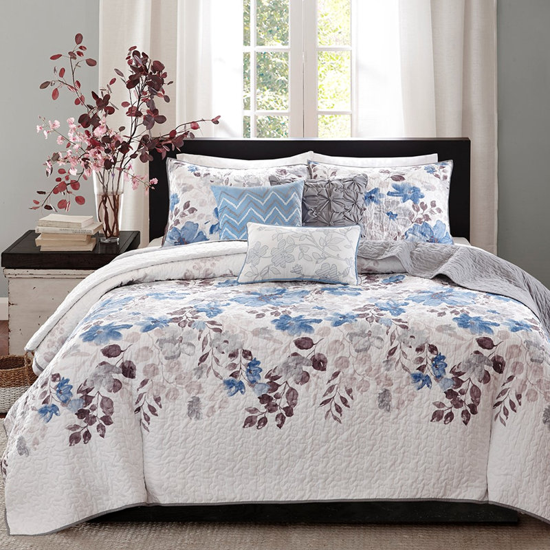 Courtepointe 6 pièces avec coussins décoratifs, bleu roi / très grand, aquarelle, conception graphique florale, réversible, microfibre, broderie très grande, pièce, bleu, impression de conception thématique, réversible sur tissu, coussins décoratifs