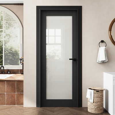 Porte intérieure en verre givré 30 po x 80 po 1-Lite noir, en porte-grange ou porte de poche ou porte française ou porte coulissante pour garde-manger, buanderie, chambre à coucher, insonorisée et imperméable, panneau de porte sans trou ou Charnières