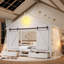 Cadre de lit simple de style maison de campagne avec porte de grange coulissante, ampoule, escaliers et tiroirs de rangement, blanc-133584748-133584750