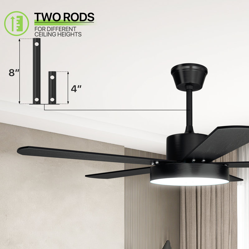 52" Ceiling Fan With Lights And Remote Control, 5 Reversible Wooden Blades, 3 Colour LED Light, Black