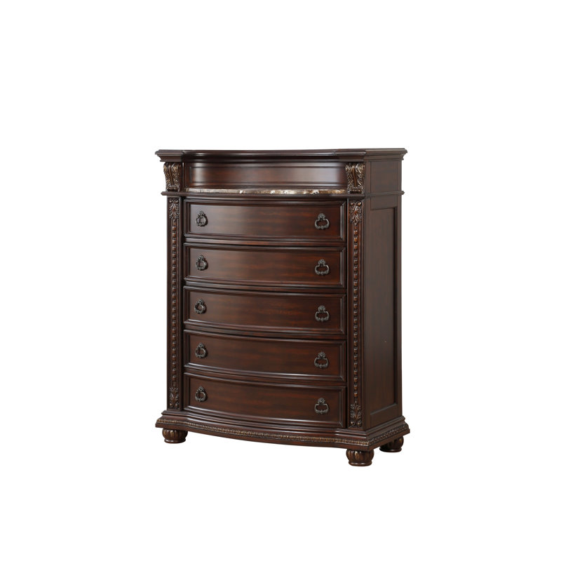 Commode de luxe à 5 tiroirs cerisier foncé, commode de chambre en marbre véritable