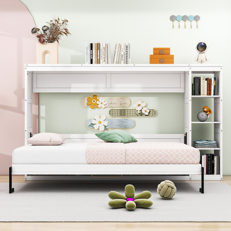 Lit escamotable en bois avec bibliothèque, Double, Blanc