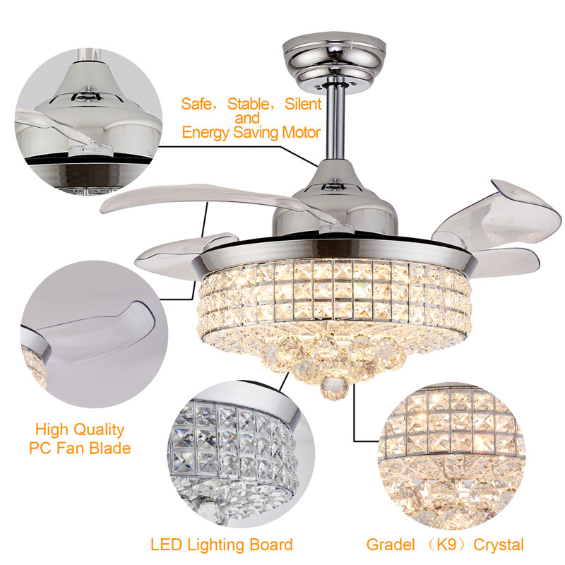 36" Chrome Crystal Ceiling Fan Chandelier with Remote Control