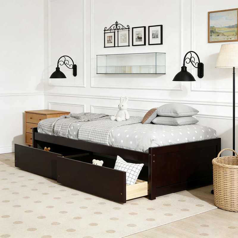 Lit simple en bois d'hévéa massif avec 2 tiroirs, Espresso