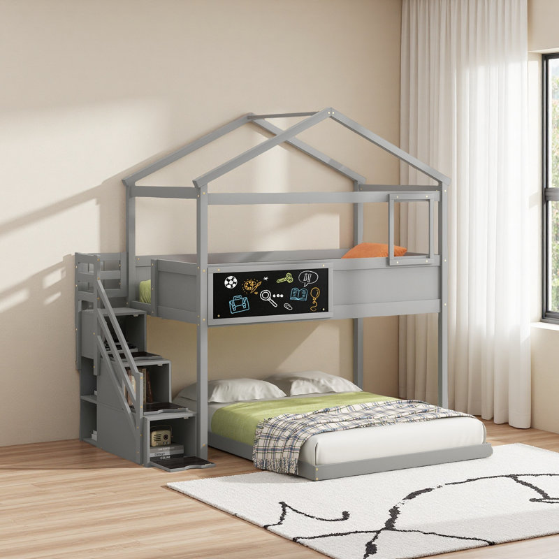 Lit simple superposé au dessus d'une chambre double avec escalier de rangement, Gris