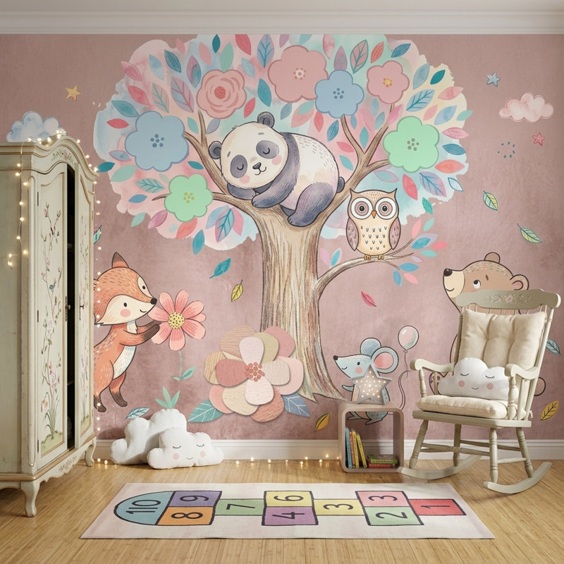 Papier peint animaux décoratifs pastel Woodland, 160 po x 108 po, Peler et coller