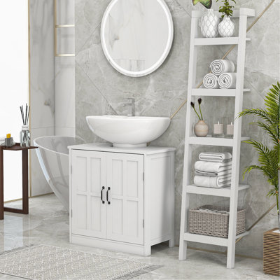 Armoire de salle de bain, meuble-lavabo piédestal avec tablette réglable, blanc