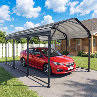 Abri d'auto métallique 10 x 15 pi, abri de garage robuste en acier galvanisé, revêtement résistant aux UV et à la rouille pour voiture/bateau, base étanche avec bords en caoutchouc.