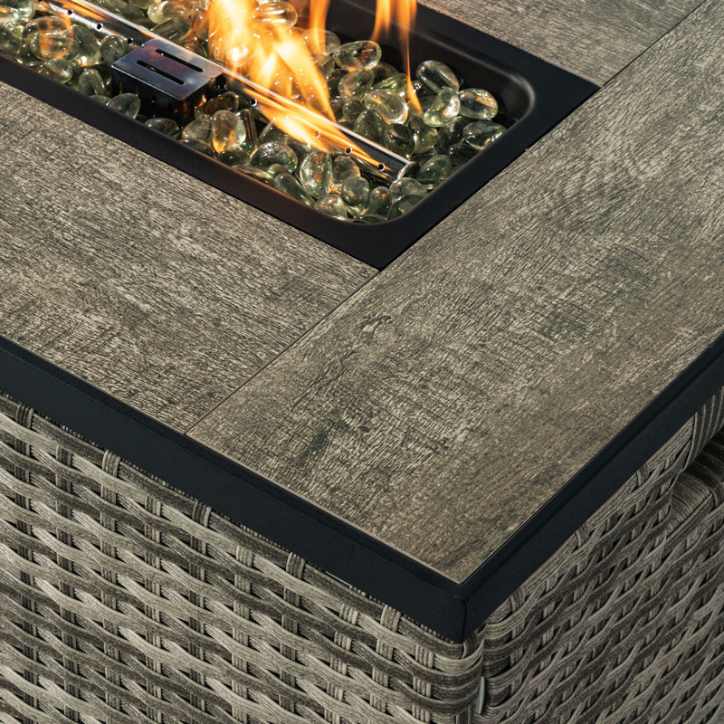 Beige Rattan and Steel Rectangular Propane Fire Pit Table