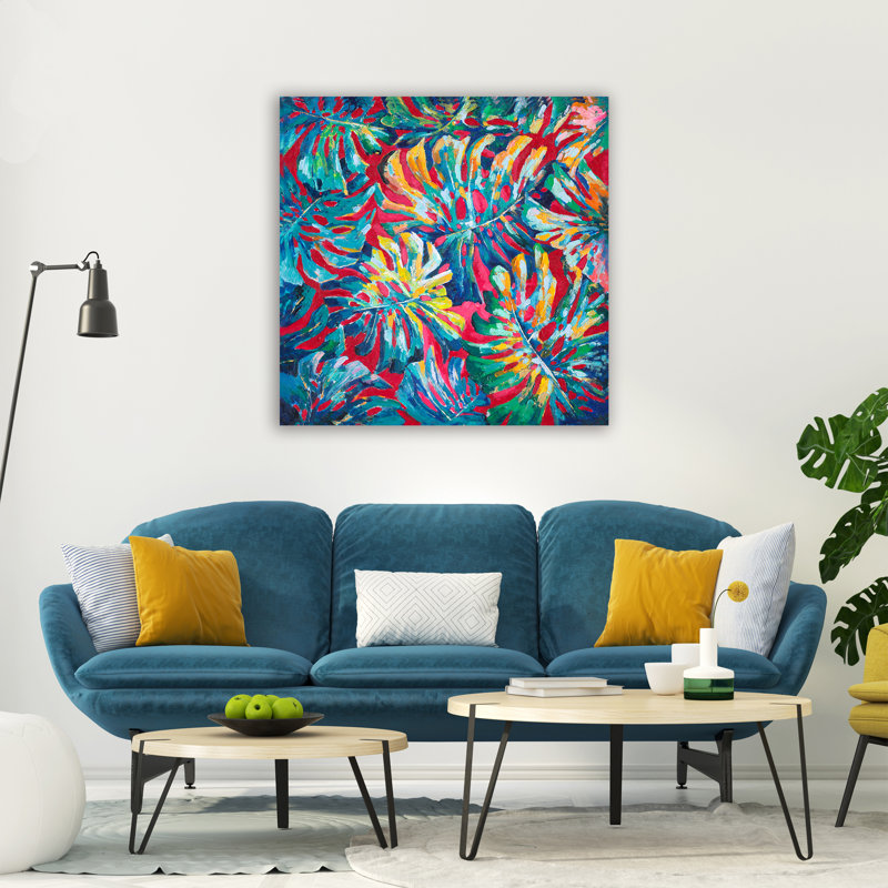 Feuilles colorées - peinture sur toile tendue, H 40 po x l 40 po x P 1,5 po