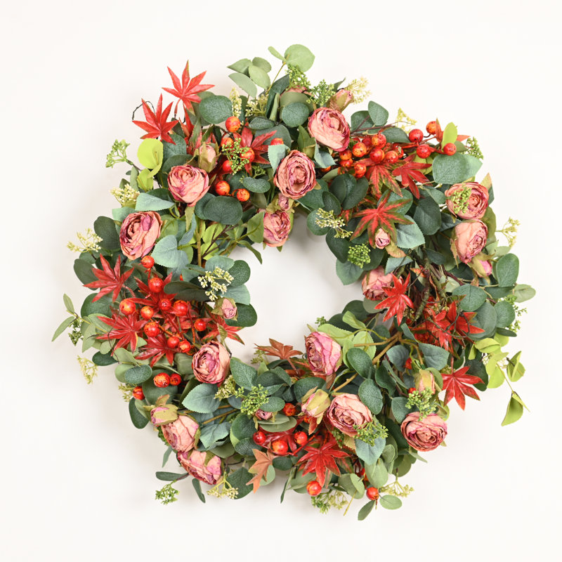 Couronne de 26 po avec récolte d'automne artificielle, eucalyptus, baies d'érable et roses, porte d'entrée, décor de l'Action de grâce