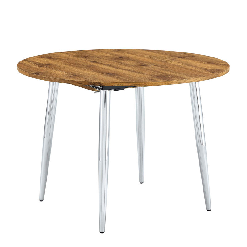 Table de salle à manger réglable et extensible, plateau en panneau de fibres à densité moyenne à grain de bois avec pieds en métal argenté, table rétractable élégante