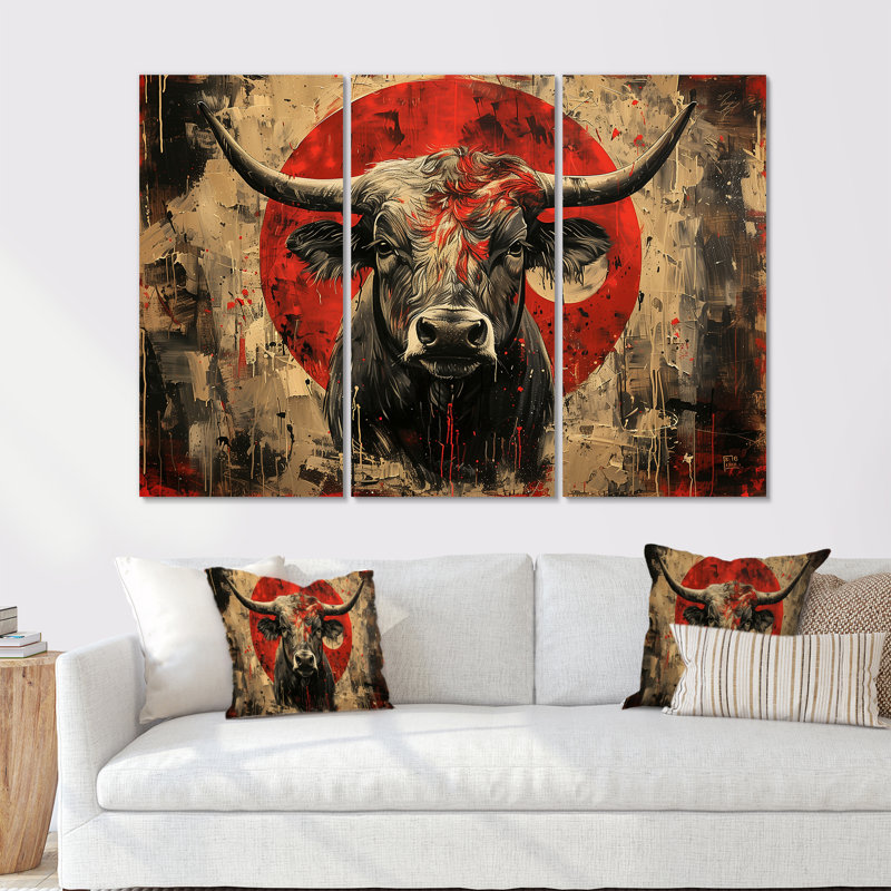 Taureau rouge «Astrology Bulls Courage» - ensemble d'art mural bovins, Sans cadre, H 32 po x l 48 po