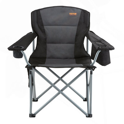 Folding Chair For Adults, Portable Heavy Duty Outdoor Quad Lumbar Back Padded Arm Chairs With Side Pockets, Cup Holder and Cooler Bag For Beach, Lawn, Picnic, Fishing, Backpacking, Black