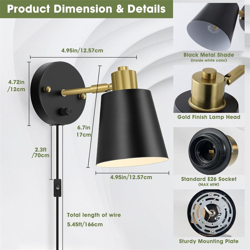 Dimmable Wall Sconces with Plug in Cord and Dimmer On/Off Knob Switch (Set of 2)