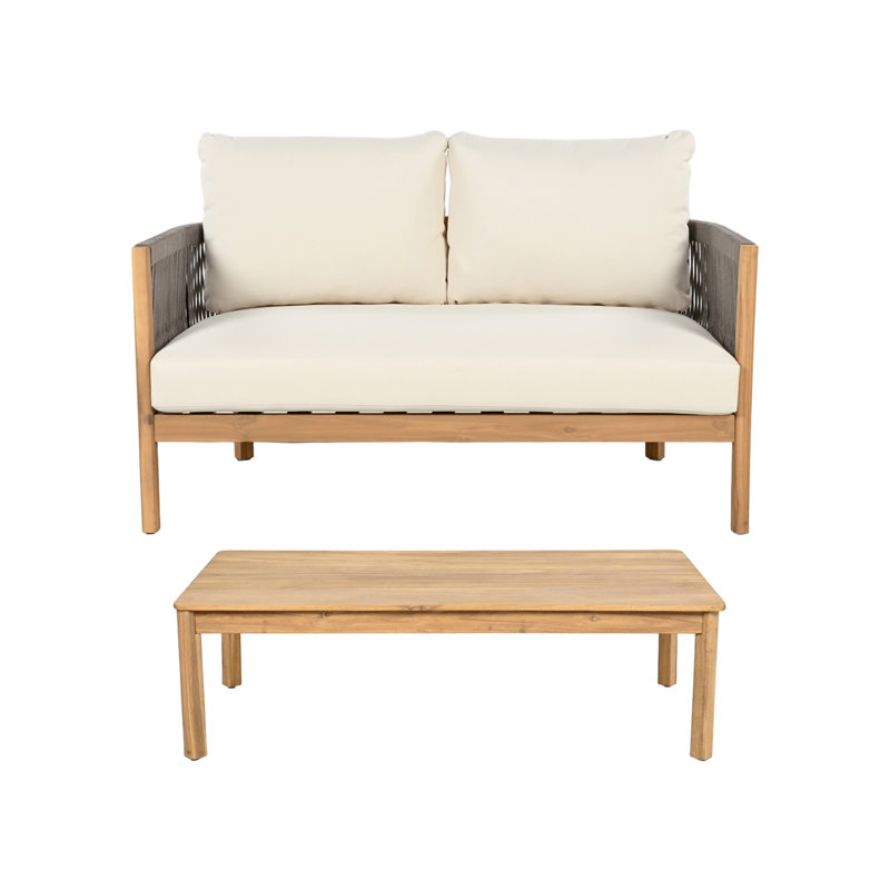 Ensemble de conversation d'extérieur 2 pièces avec coussins Harrill, H 12,75 po x L 42 po x P 22 po, Teck / Gris