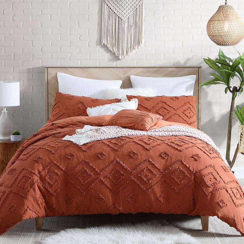 Ensemble d'édredon en jacquard à franges 3 pièces 100% coton Swift Home Rukai, Rouille