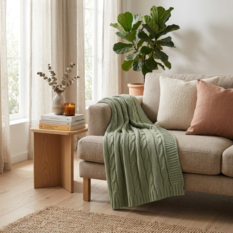 Jeté rayé en coton vert olive 50 "X 60"