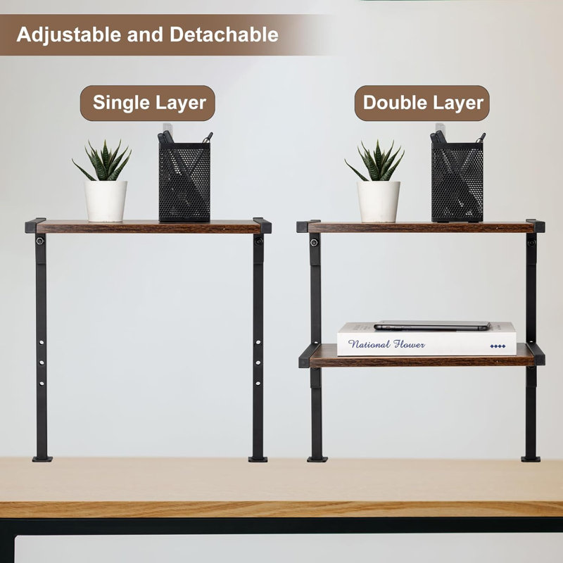 Clamp On Desk Organizer Shelf, 12 Inch Clamp-On Above Or Under Desktop Storage Shelf,2 Tier Clip On Shelving Unit For Table Accessories (Brown)