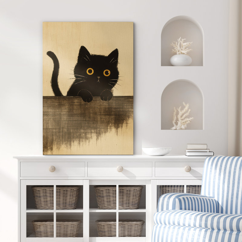 «Curious Black Cat with Yellow Eyes Art», reproduction d'art sur toile encadrée, H 18 po x l 12 po x P 1,5 po, Toile tendue