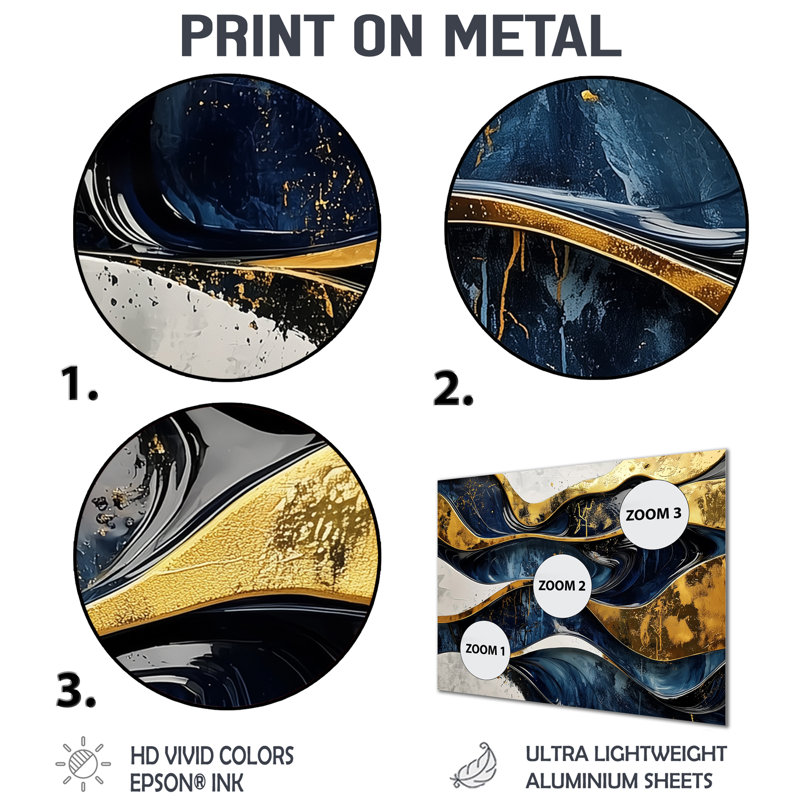 «Hard Edge», bleu et or, jeu optique en spirale I - peinture à bord rigide, art mural en métal, H 12 po x l 20 po