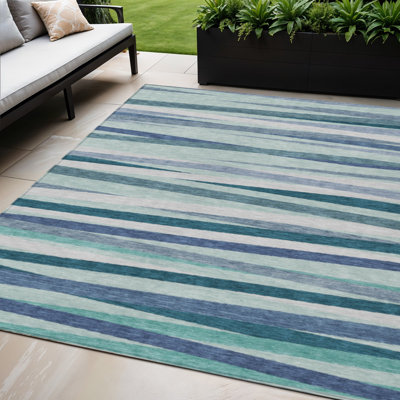 Tapis extérieur lavable rayé bleu sarcelle 5 pi x 8 pi bleu sarcelle et ivoire