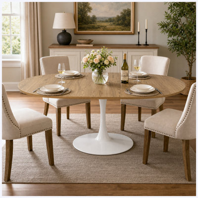 Table de salle à manger ronde extensible blanche de 147 cm (57,87 po) pour 4 à 6 personnes, style tulipe moderne avec plateau en MDF et pied central en métal, table ovale de style milieu du siècle pour salon, petits espaces, café