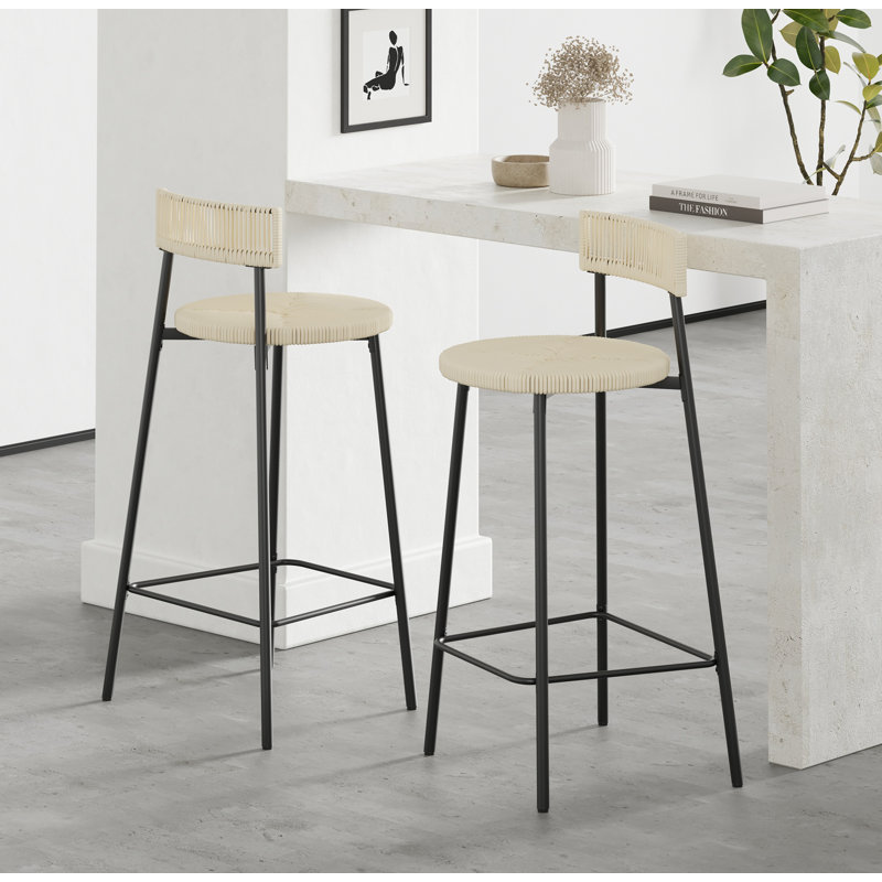Tabourets de bar tissés à la main avec dossier, ensemble de 2 tabourets ronds en corde de papier avec repose-pieds pour îlot de cuisine et salle à manger