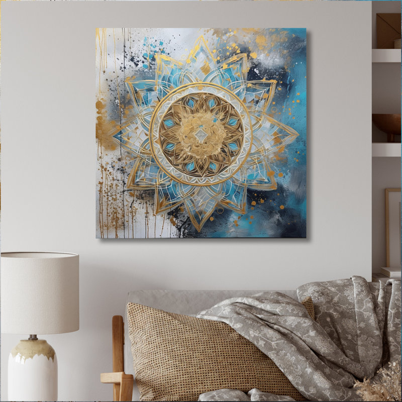 Bleu et or Mandala II - impression, H 36 po x l 36 po x P 1,5 po, Toile tendue