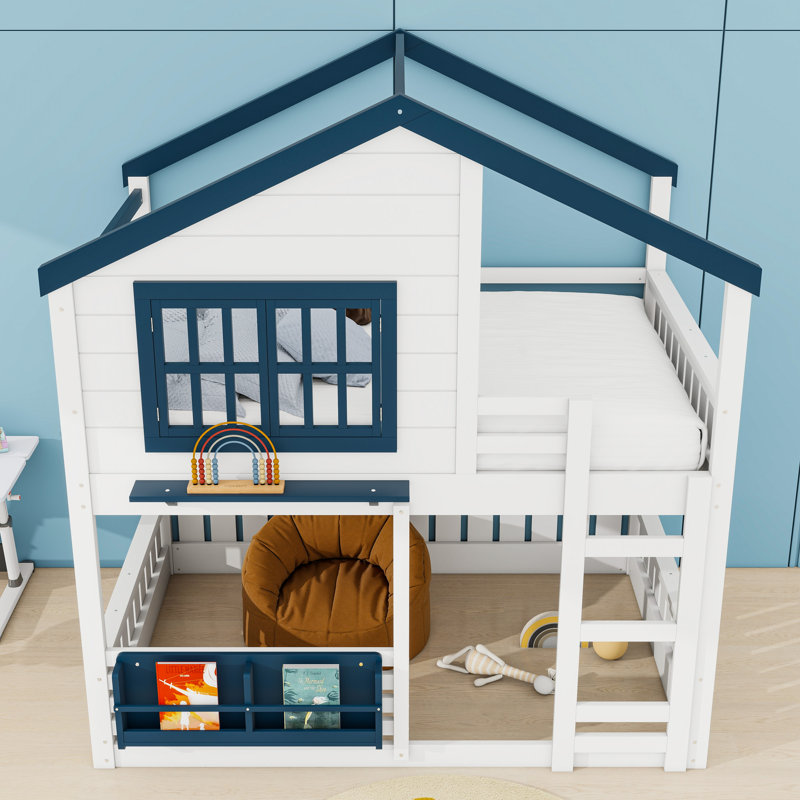 Lit superposé House avec espace multifonctionnel et fenêtre, Lit superposé double sur double, Bleu blanchi