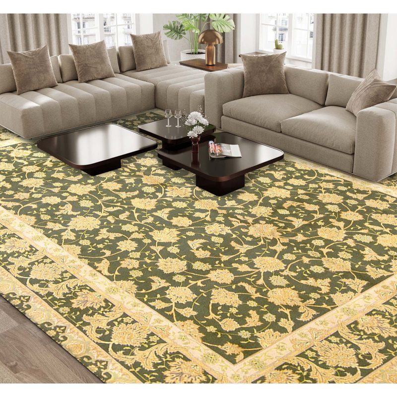 Tapis vert olive de haute qualité noué à la main