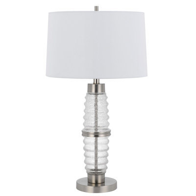 Lampe de table Macon en verre - 74 cm de hauteur, verre transparent craquelé, abat-jour en tissu blanc rigide, ampoule E26 à 3 intensités 100 W et veilleuse DEL 2 W