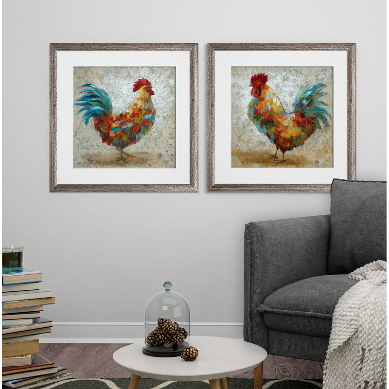 " Fancy Rooster " 2 - Pieces, Brown Framed